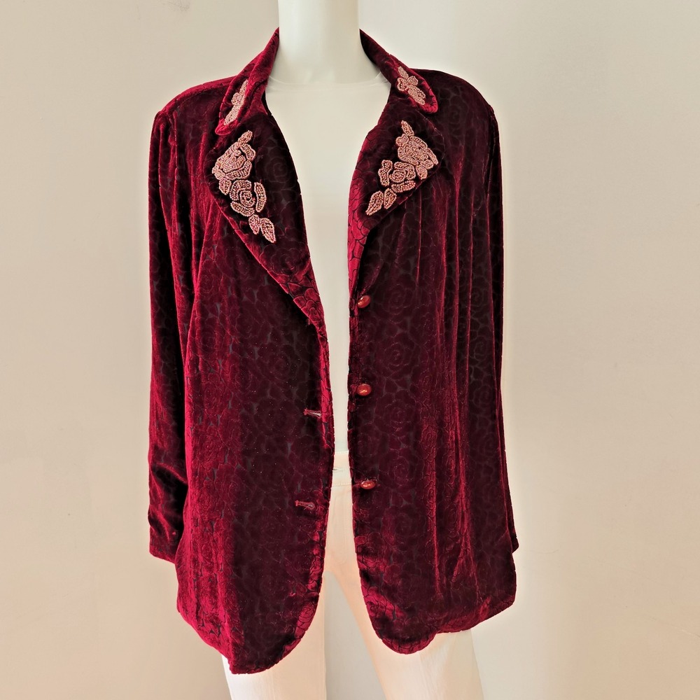 Bob Mackie Women's Red Sz 1X Beaded Rose Burnout Velvet Jacket Whimsigoth
